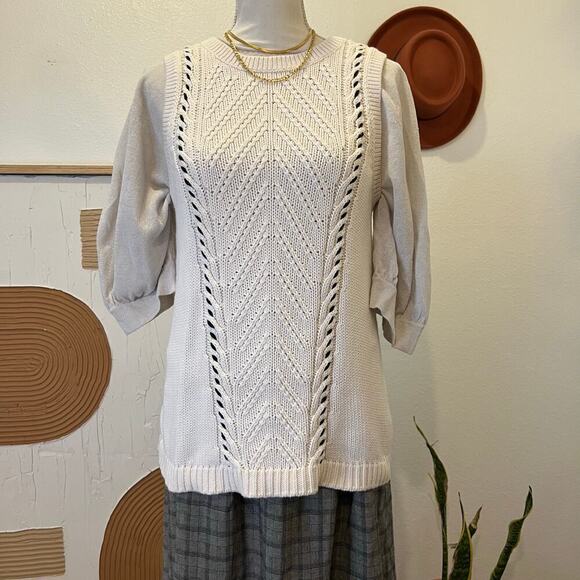 LOFT White Chunky Cotton Knit Woven Stitch Pullover Sweater Vest - M - Picture 6 of 11
